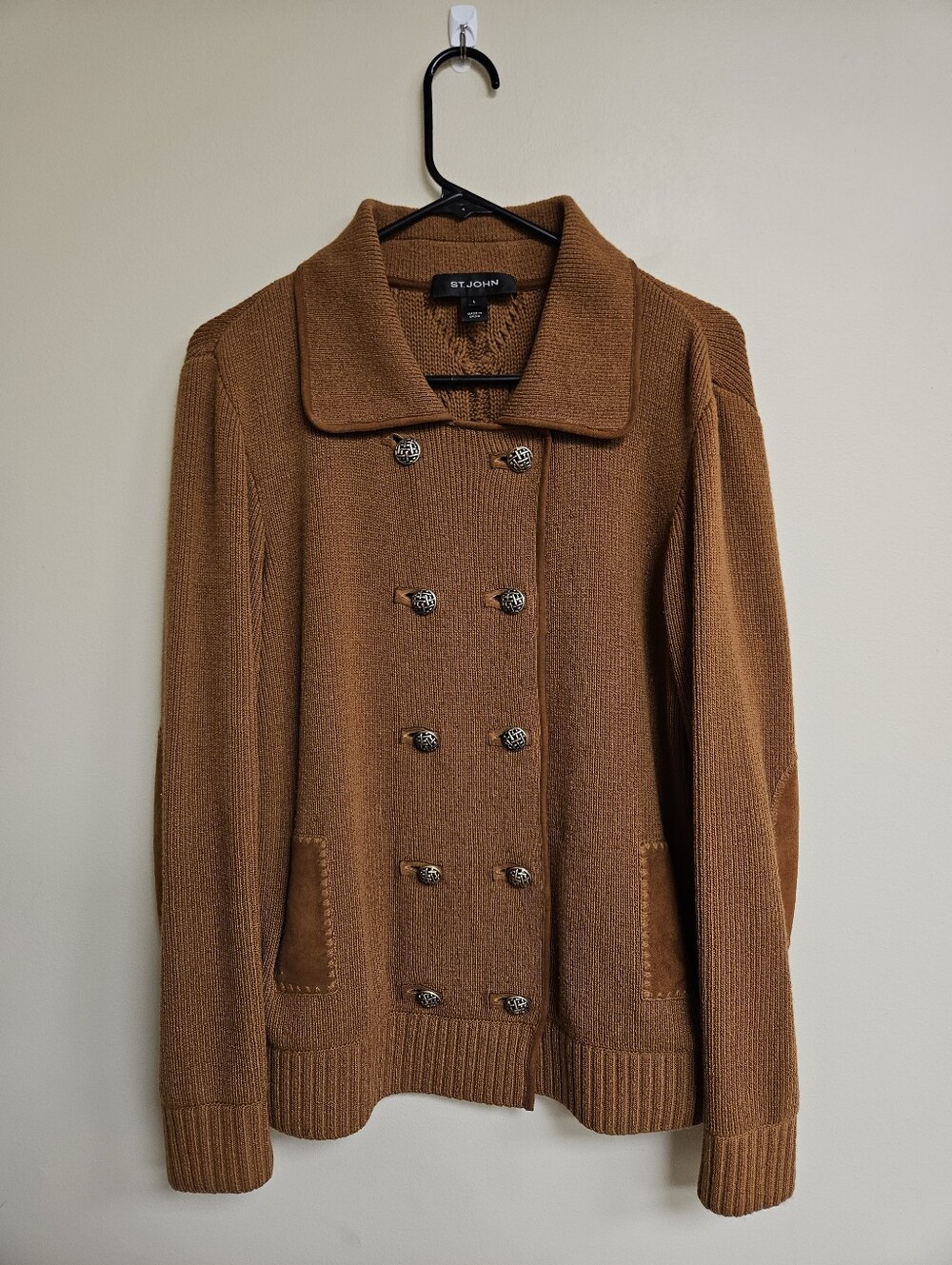 St. John Cashmere Wool Double Breasted Knit Sweater Cardigan Suede Large Tan - Picture 2 of 9